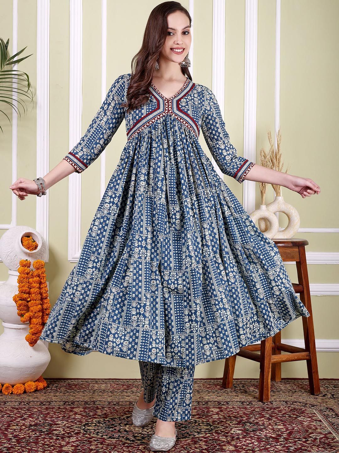 TARANJAL Floral Printed V-Neck Cotton Empire Anarkali Kurta With Trousers-picture-17