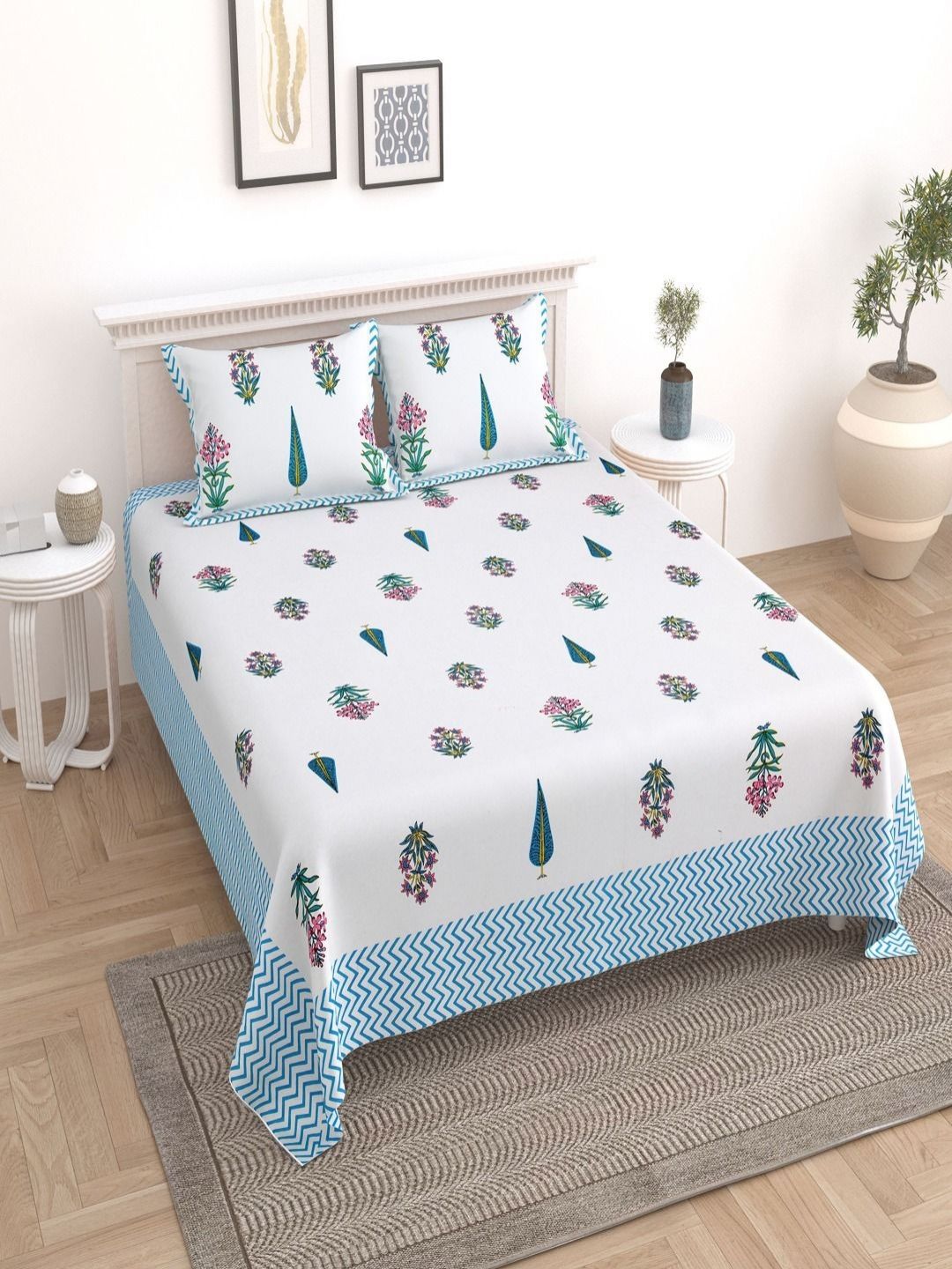Myntra Elegant Homes White & Blue Floral Printed 180 TC King Bedsheet Set 2.74 m x 2.54 m-picture-33