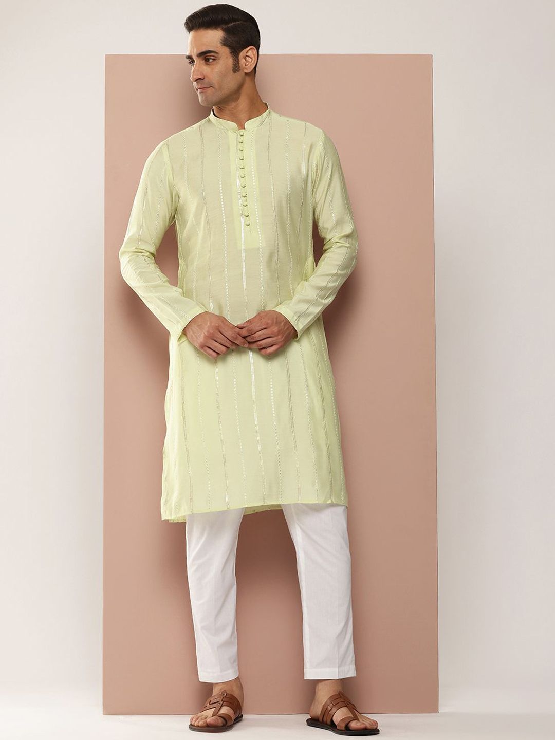 See Designs Striped Embroidered Sequinned Mandarin Collar Chanderi Silk Straight Kurta-picture-27