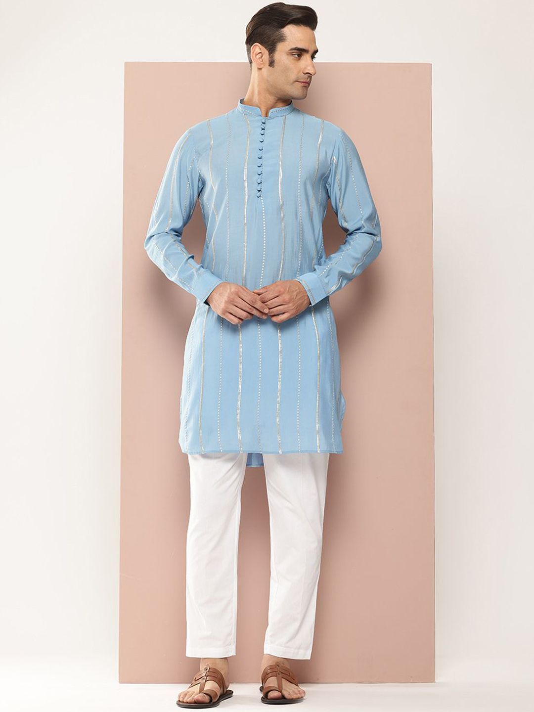 See Designs Mandarin Collar Striped Embroidered Sequinned Chanderi Silk Straight Kurta-picture-37