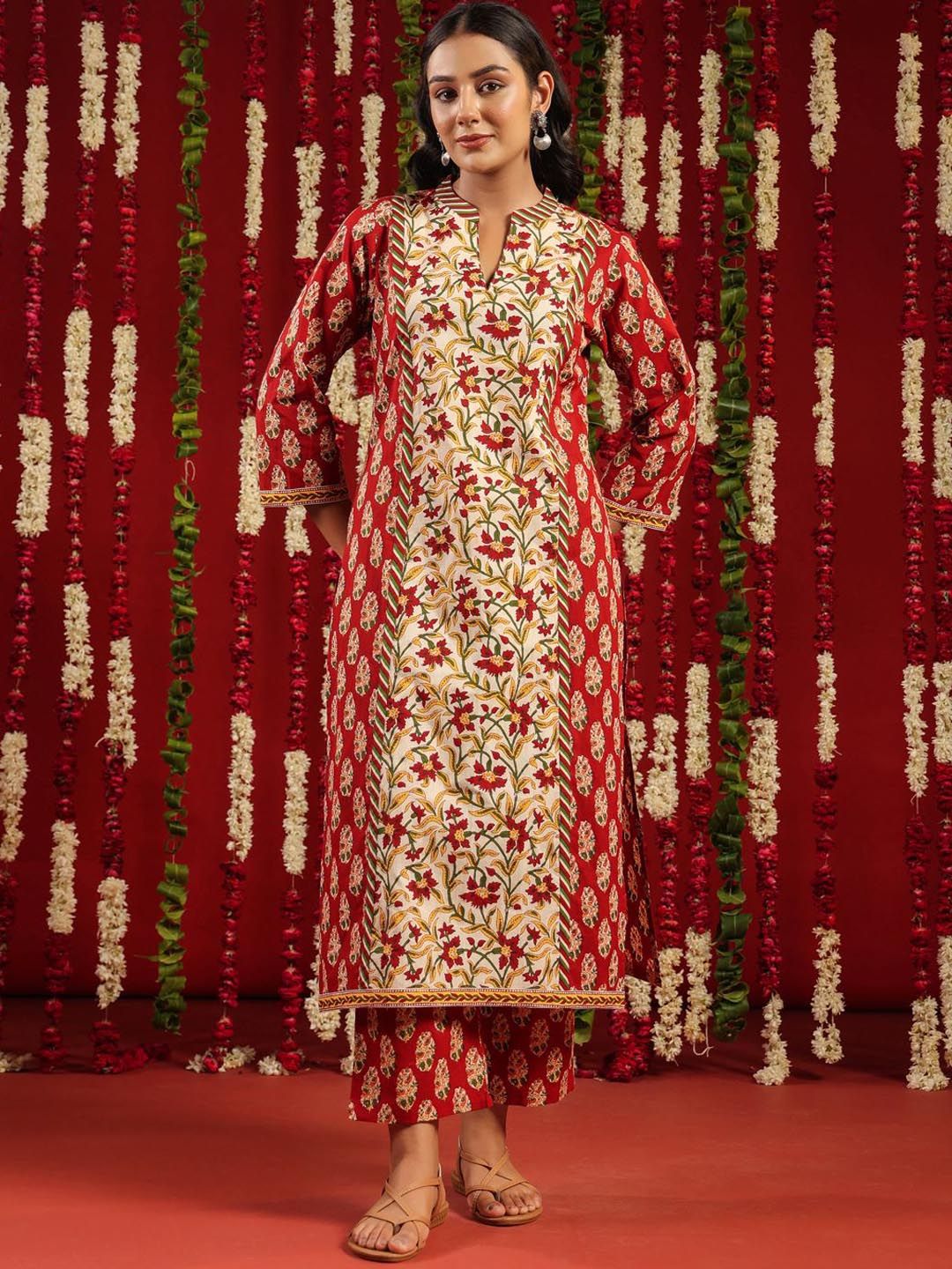 anayna Women Floral Printed Regular Pure Cotton Kurta with Trousers-picture-36