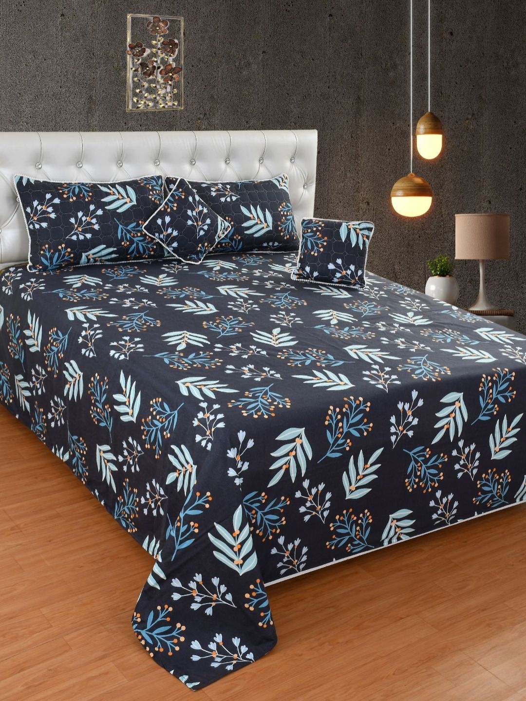 MORADO Blue & Orange Floral Polycotton 7 Piece Double Queen Superfine Bedding Set-image-43