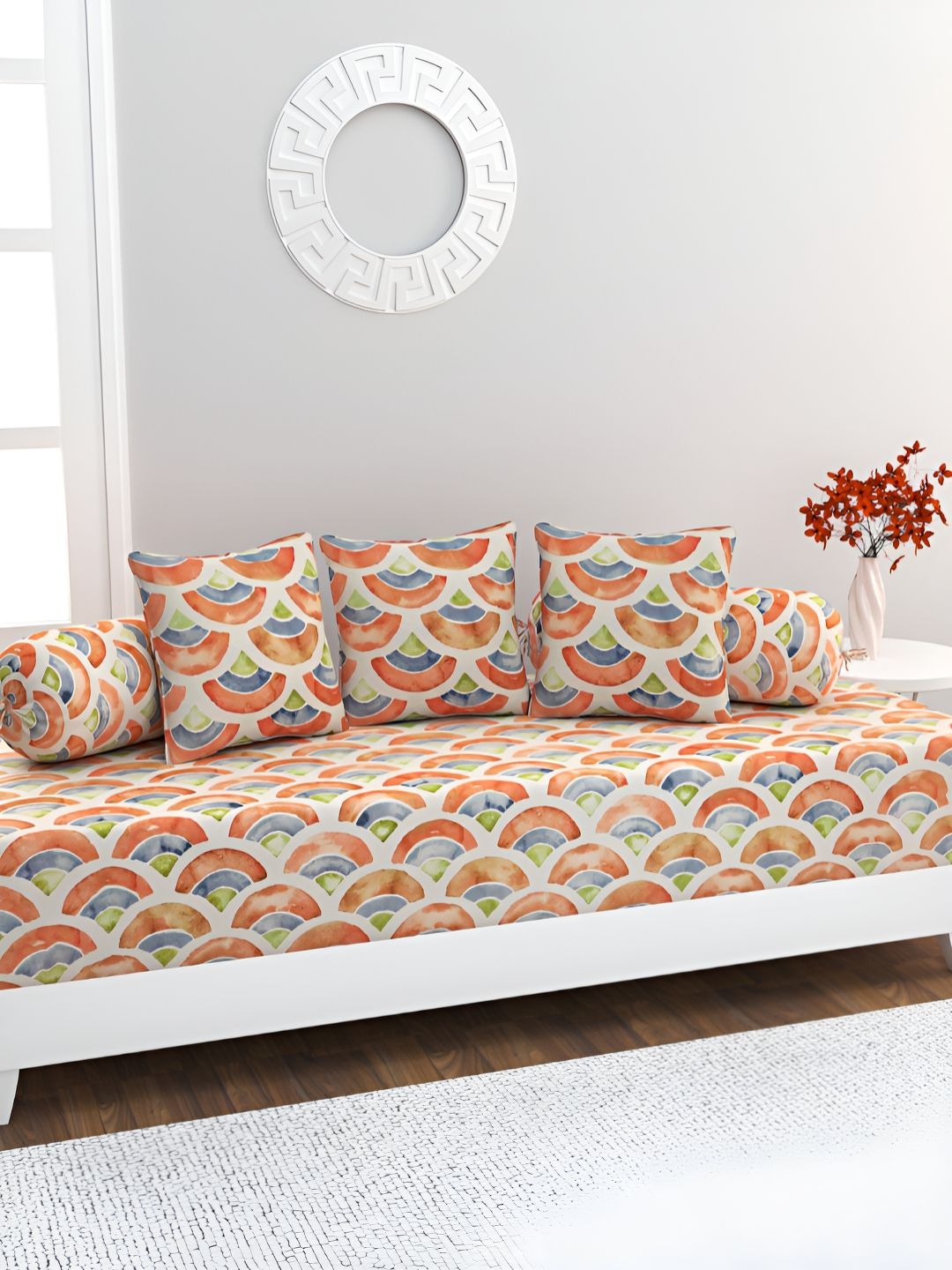 HOME AFFAIRS White And Red 6 Pieces Printed 160 Thread Count Cotton Single Diwan Set-picture-30