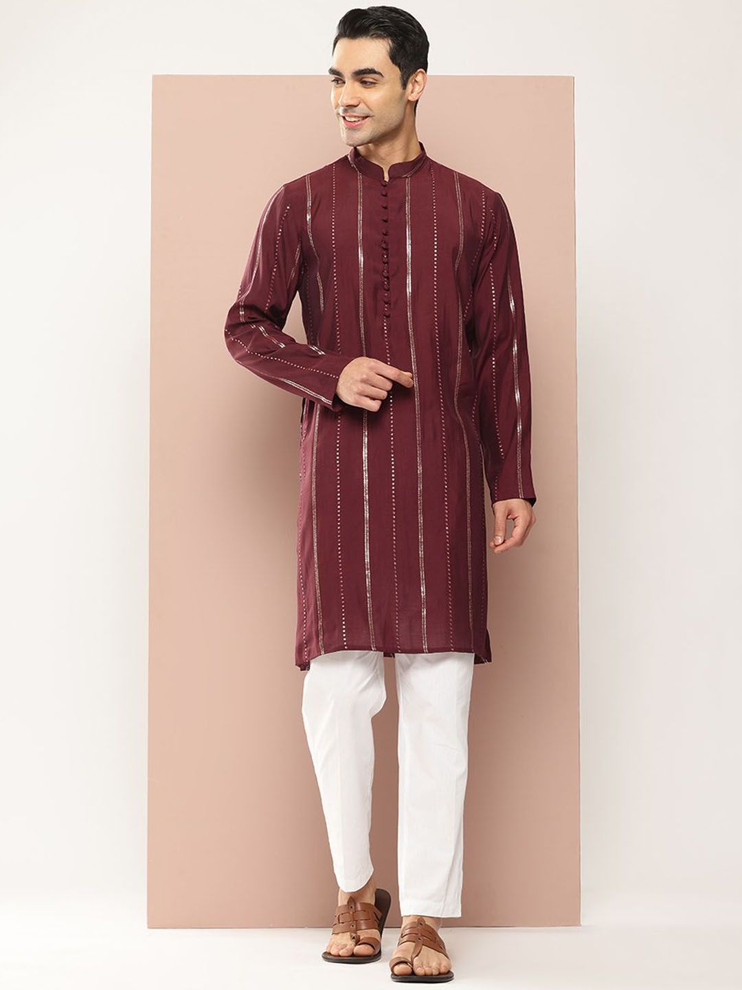 See Designs Striped Embroidered Sequinned Mandarin Collar Chanderi Silk Straight Kurta-picture-19