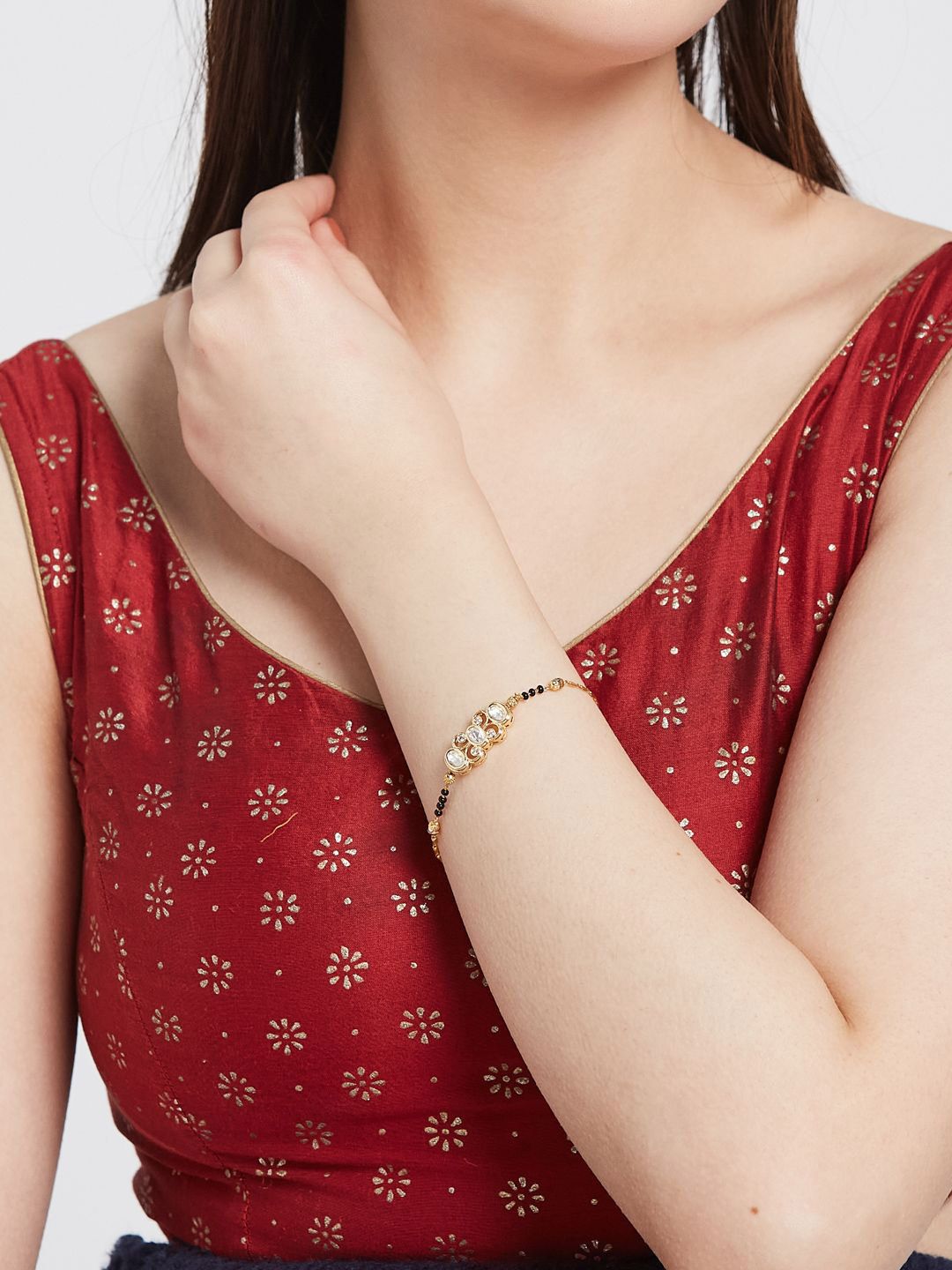 ATIBELLE Gold-Plated Kundan Stones Studded And Beaded Mangalsutra