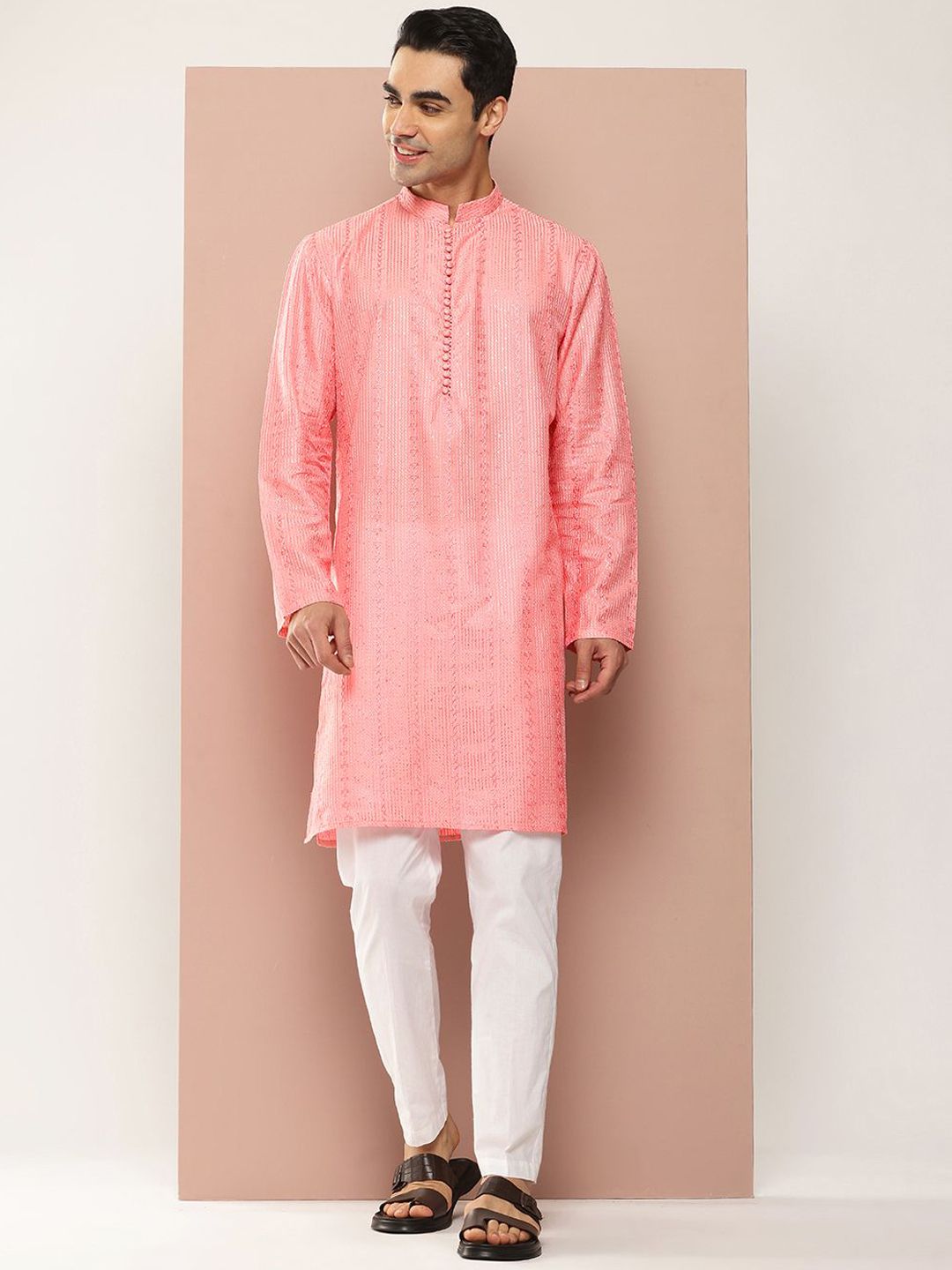 See Designs Striped Embroidered Sequinned Mandarin Collar Chanderi Silk Straight Kurta-picture-28