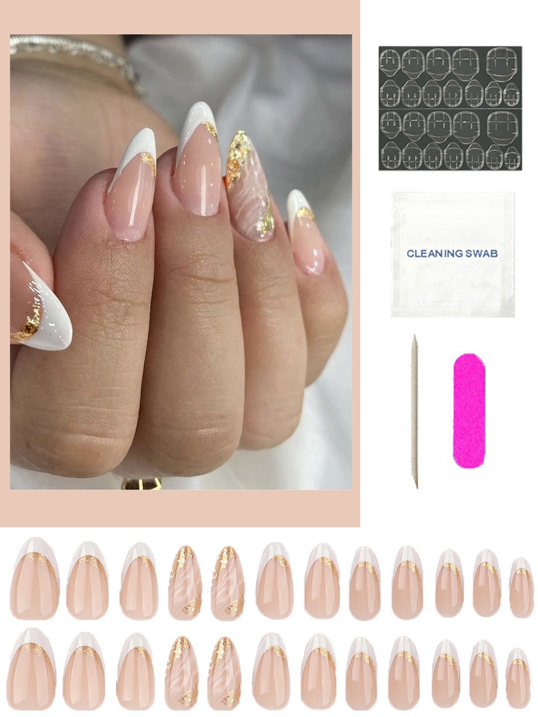 Secret Lives 24-Pcs Glossy With Tip & Golden Design Nail Art-picture-8