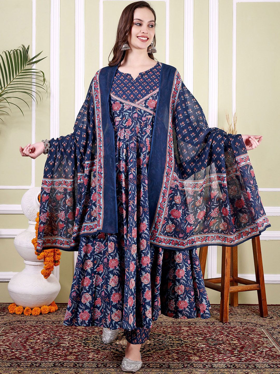 TARANJAL Floral Printed Notch Neck Pure Cotton Anarkali Kurta With Trousers & Dupatta-picture-24