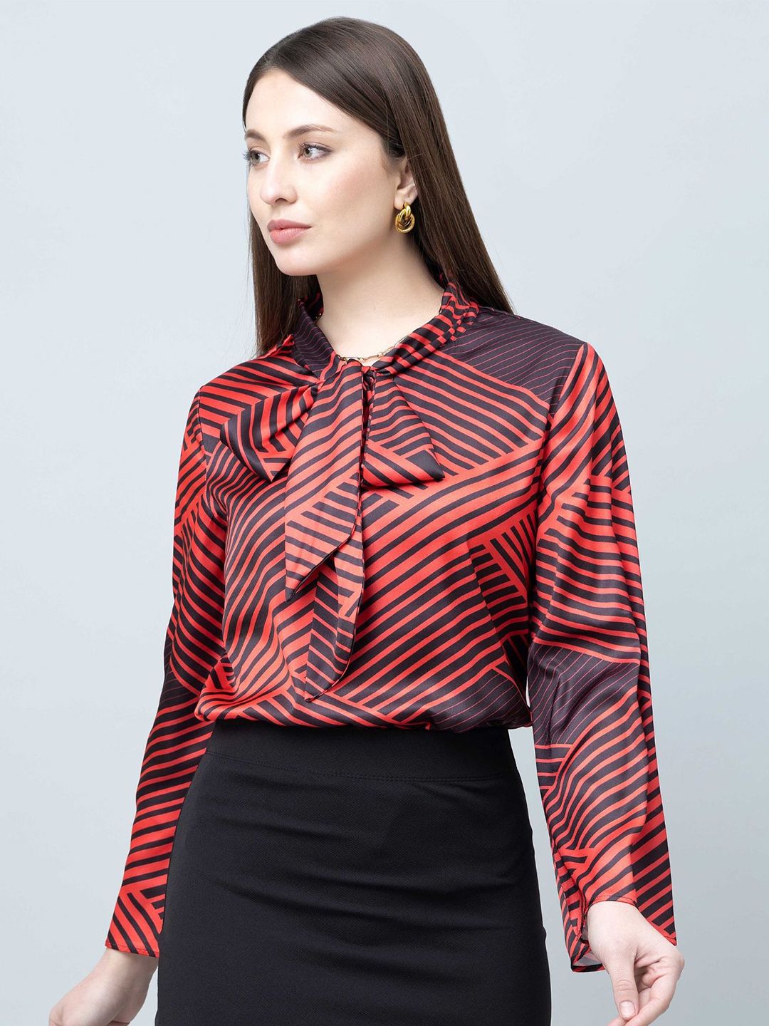 PURYS Geometric Print Tie-Up Neck Flared Sleeve Satin Top-picture-46