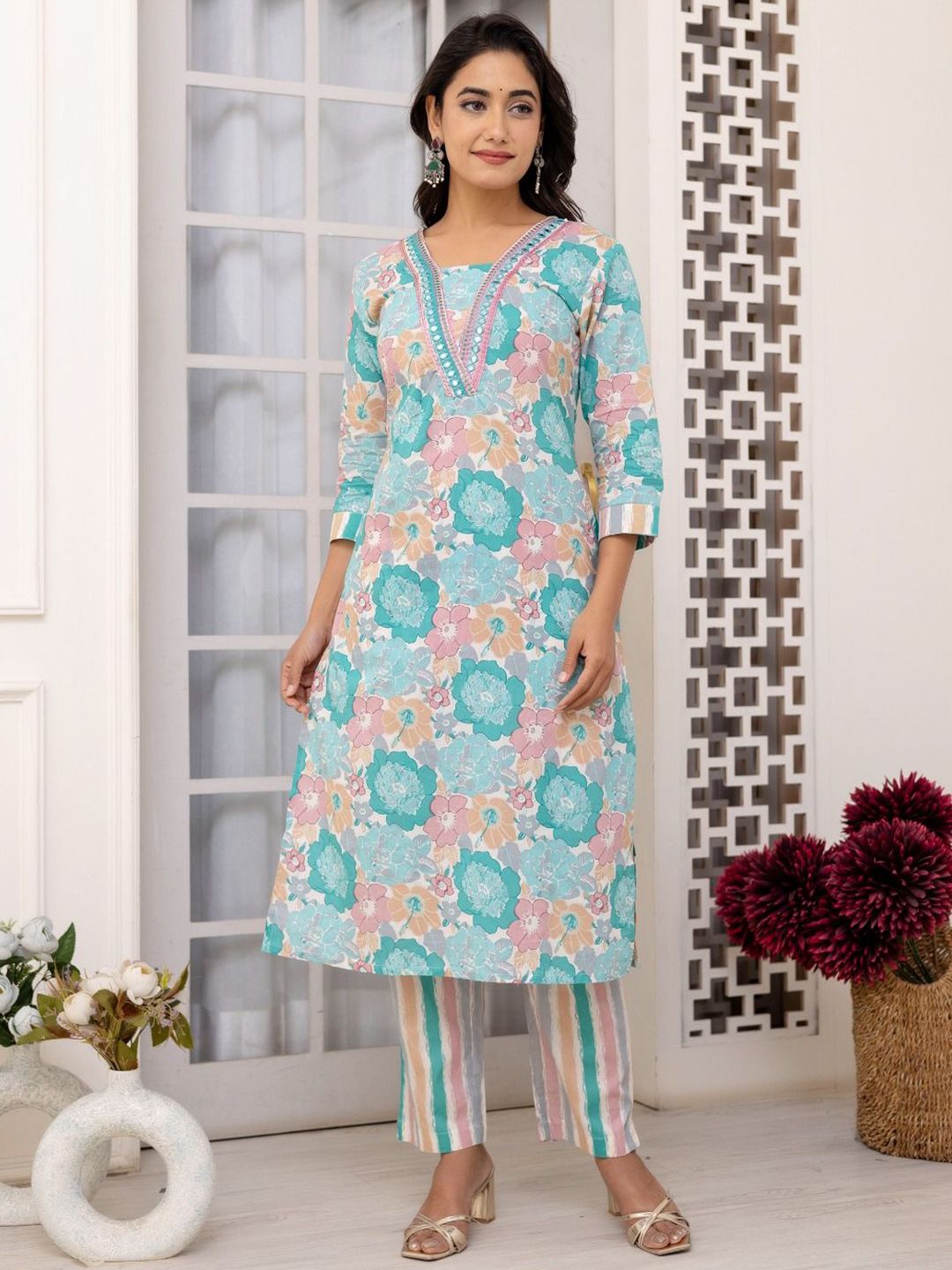 Printed Mirror Work Pure Cotton Kurta With Trousers & Dupatta