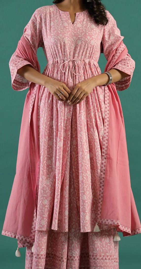 Women Pink Floral Front Yoke Anarkali Kurta With Palazzo Pants