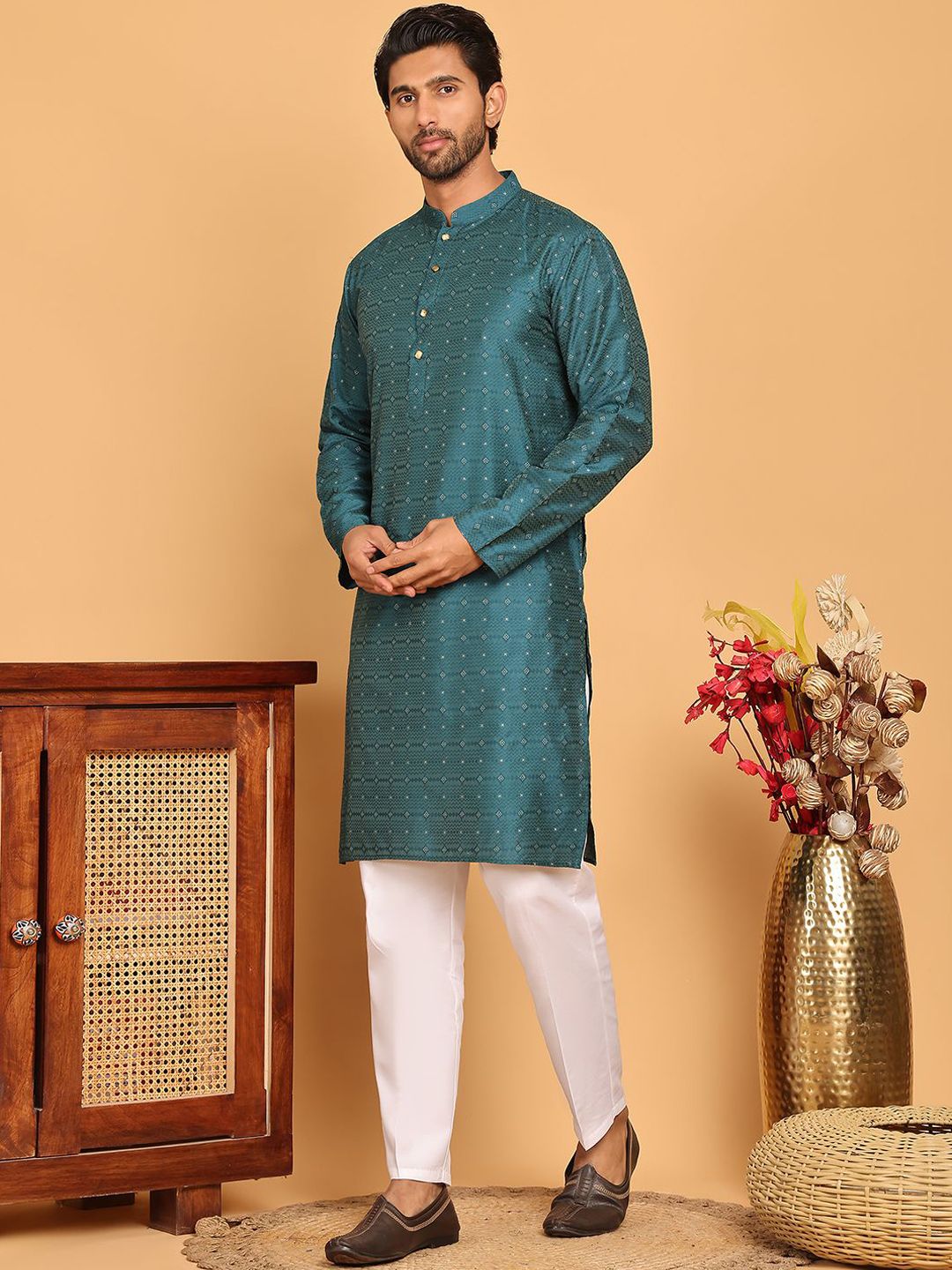 Embossed Button Down Straight Mandrain Collar Kurta Pajama Set