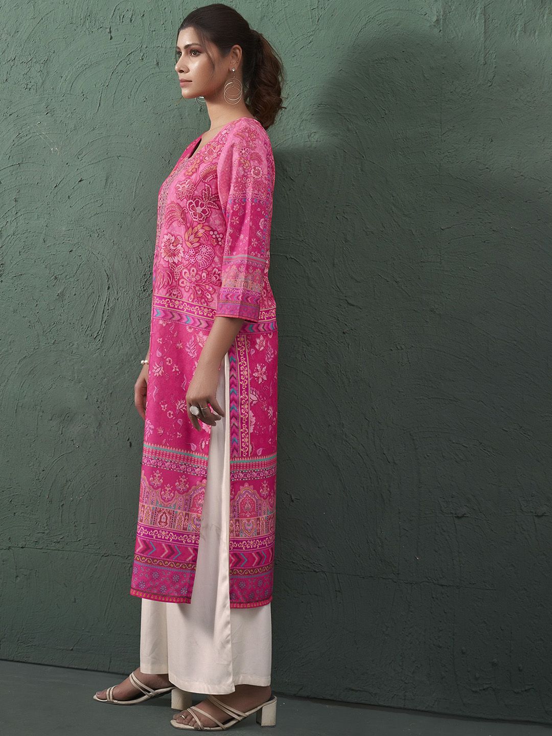 Pink Printed Round Neck kurta