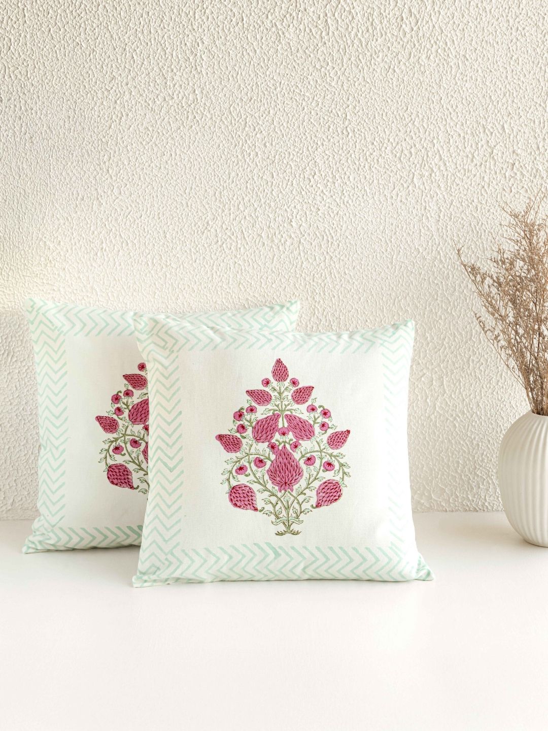 Clasiko White & Pink Set of 2 Floral Square Cushion Covers-picture-49