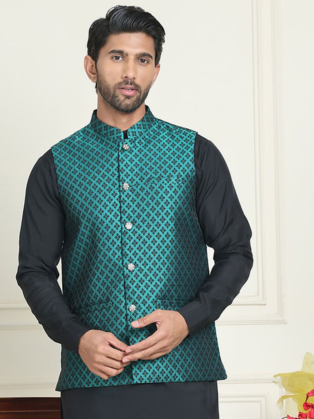 Anouk Woven Design Mandarin Collar Neck Nehru Jacket-picture-15