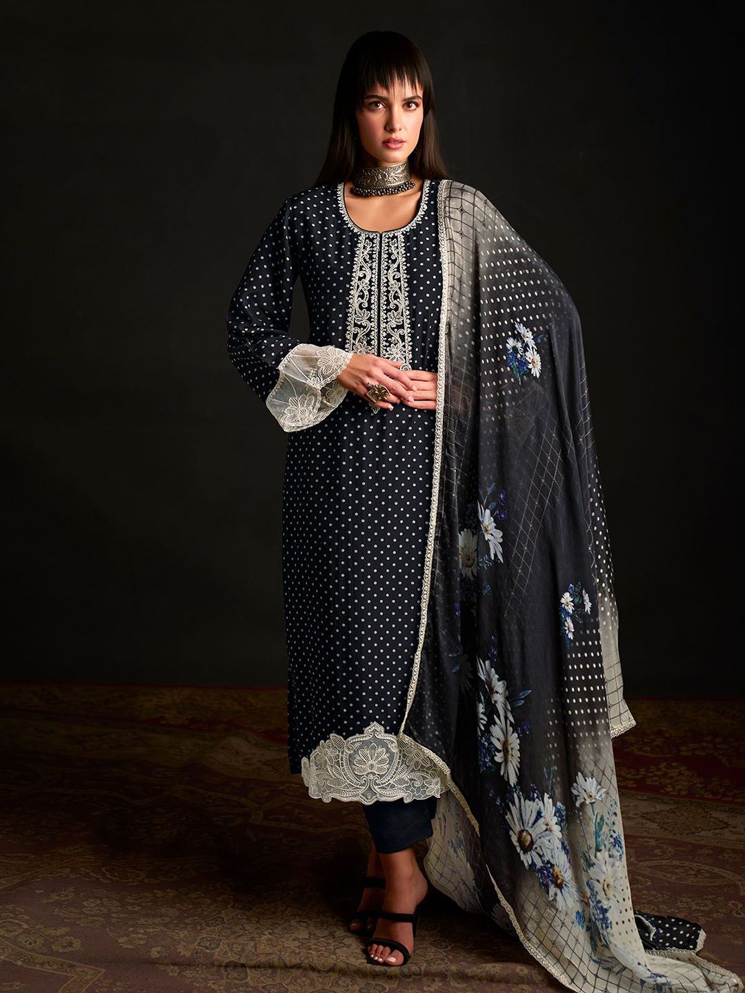 Women's Brown Floral Straight Kurta Set with Dupatta