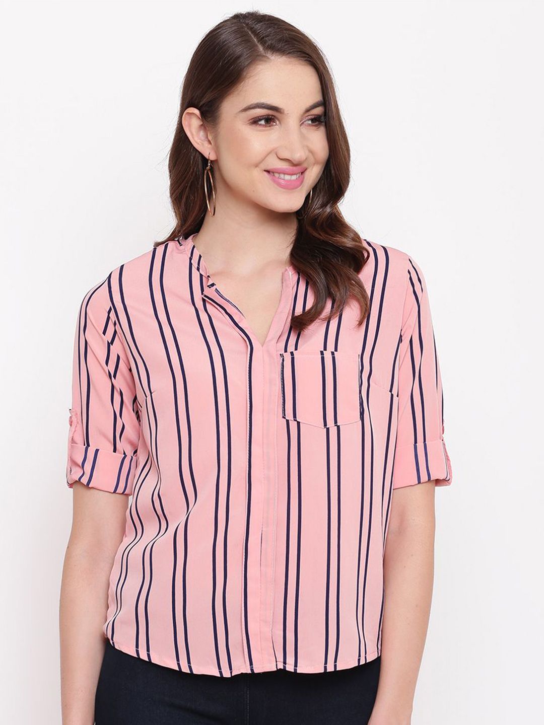 DressBerry Striped Mandarin Collar Crepe Top-picture-22