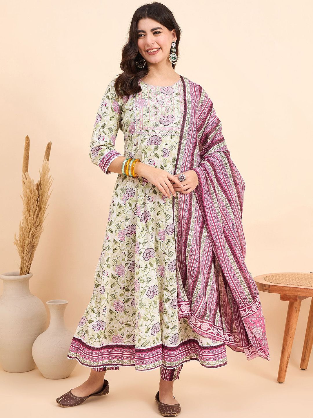 Anouk Floral Printed Pure Cotton Anarkali Kurta With Trousers & Dupatta