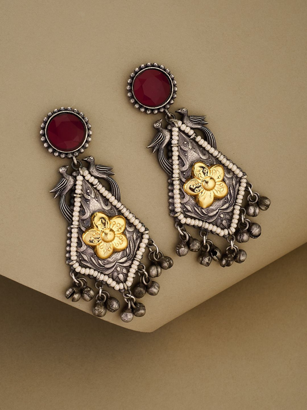 ATIBELLE German Silver-Plated Artificial Stone Studded & Beaded Contemporary Drop Earrings-picture-10