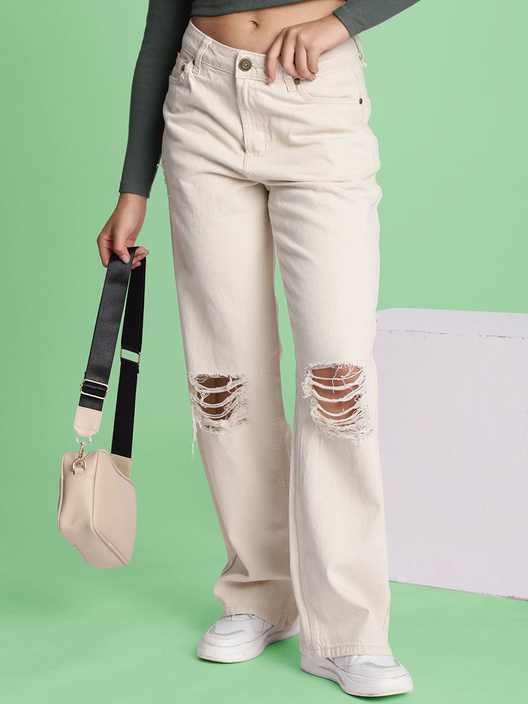 Bene Kleed Women Ecru Straight Fit Slash Knee Jeans