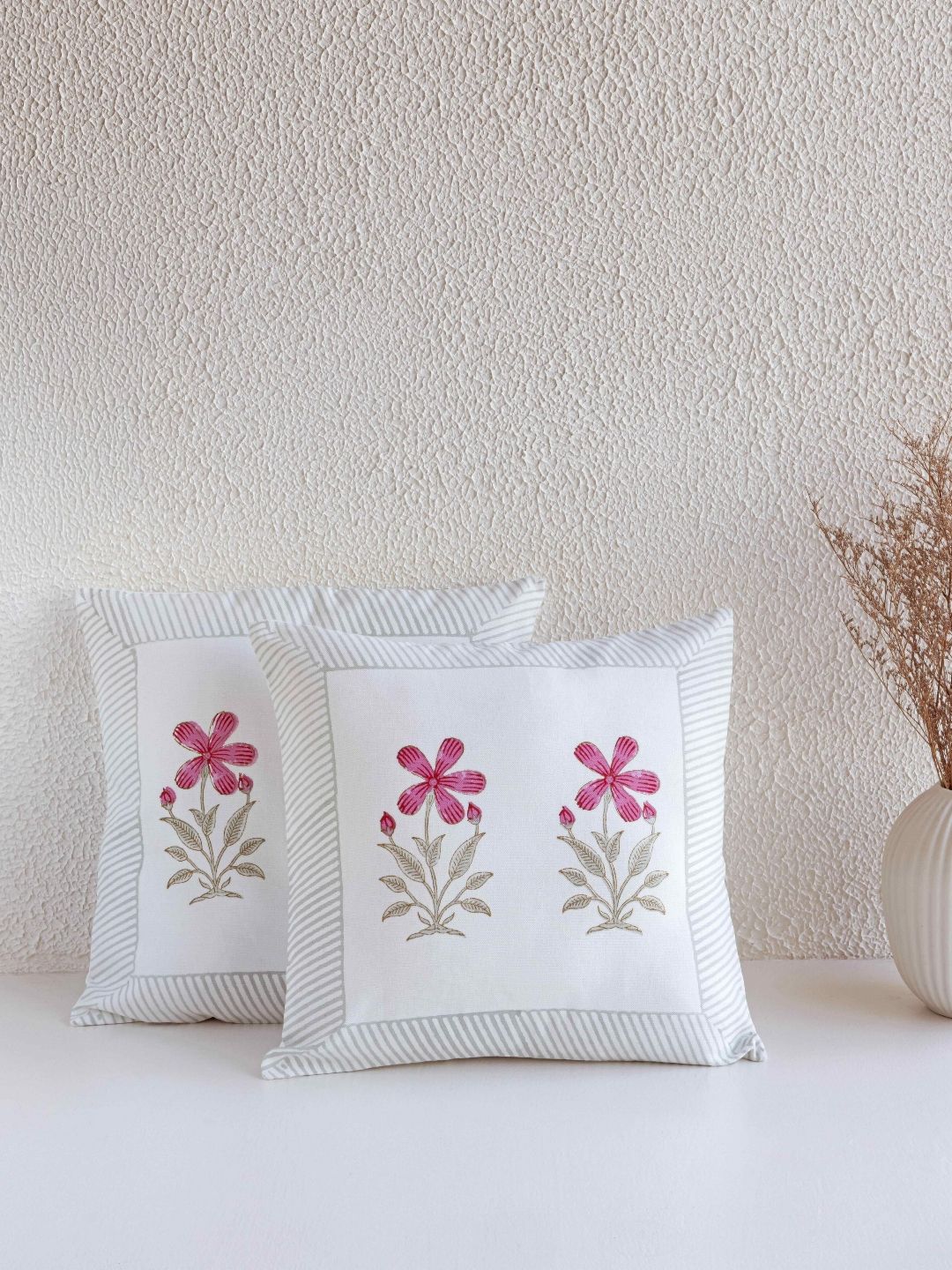 Clasiko White & Pink Set of 2 Floral Square Cushion Covers-picture-16