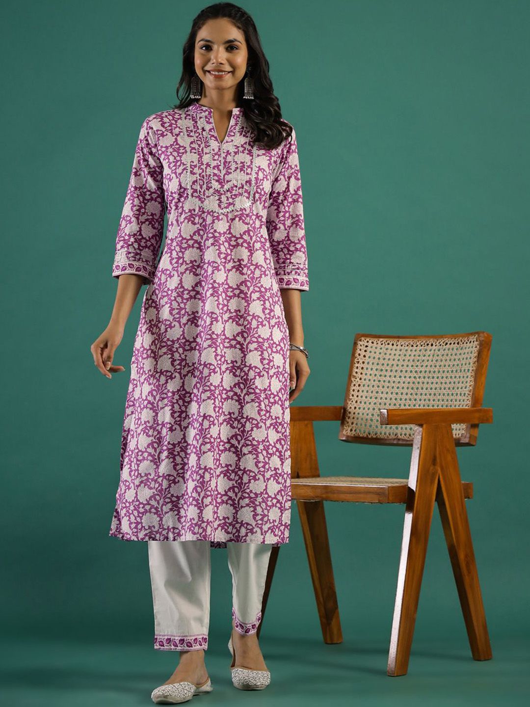 Sangria Printed Pure Cotton Mandarin Neck Kurta Set