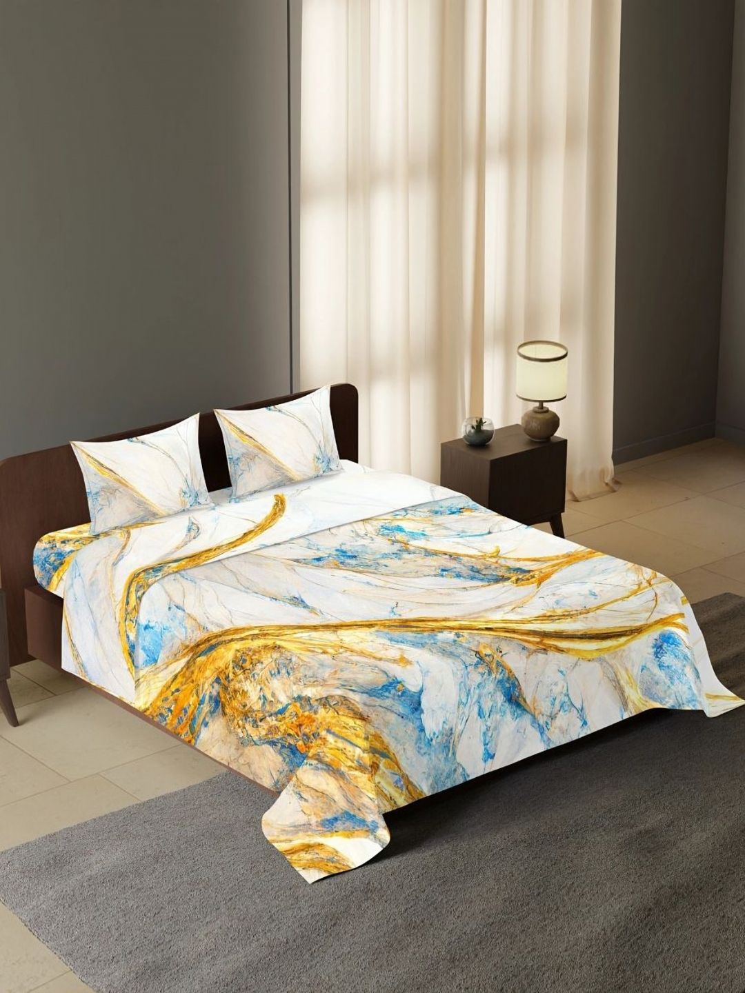 Synergized Cotton Azure White & Blue Printed 300 TC King Bedsheet Set-2.74 m x 2.74 m-image-3