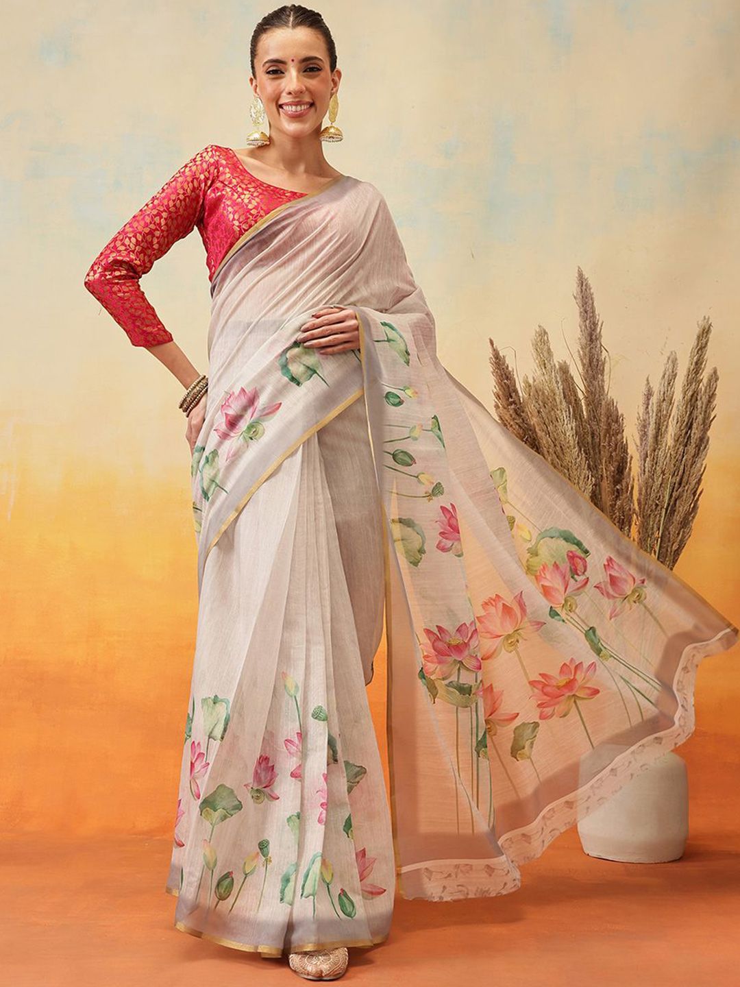 Silk Land Floral Zari Tissue Ready to Wear Block Print Saree-picture-37