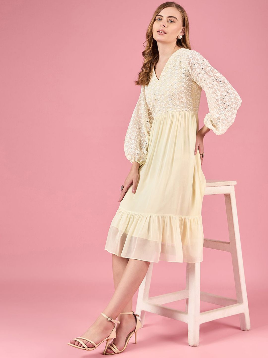 all about you Embroidered Puff Sleeve Georgette Fit & Flare Midi Dress
