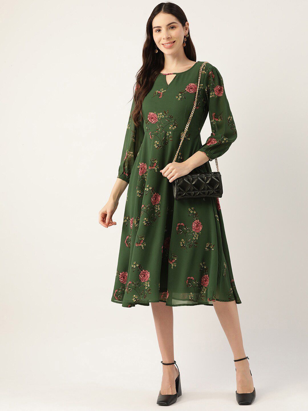DressBerry Floral Print Keyhole Neck Puff Sleeve Georgette A-Line Midi Dress-picture-31