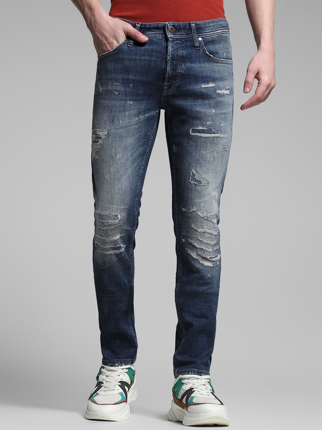 Jack & Jones Men Slim Fit Low-Rise Highly Distressed Heavy Fade Stretchable Jeans