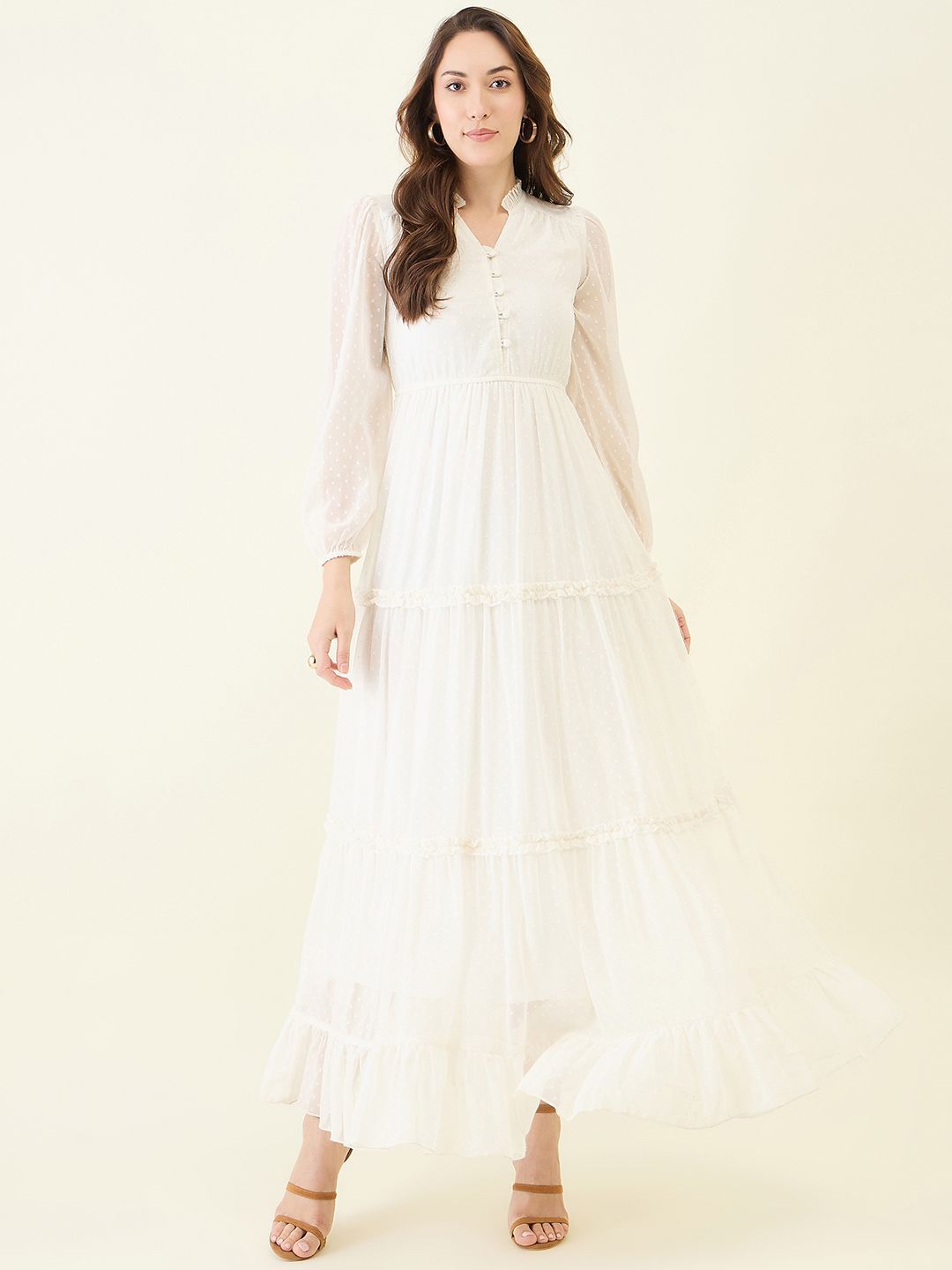 aayu Aayu Women Solid Puff Sleeve V-Neck Georgette Layered Maxi Dress