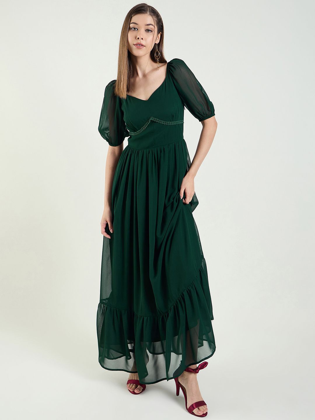 aayu Women Solid Sweetheart Neck Puff Sleeves Maxi Fit & Flare Dress