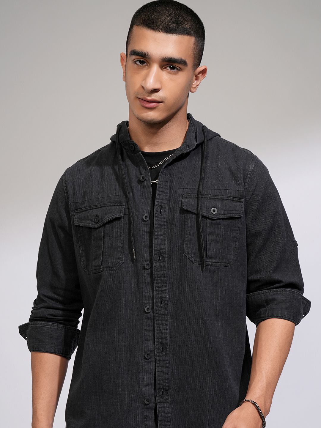 HIGHLANDER Men Hood Textured Cotton Casual Shirt-picture-27