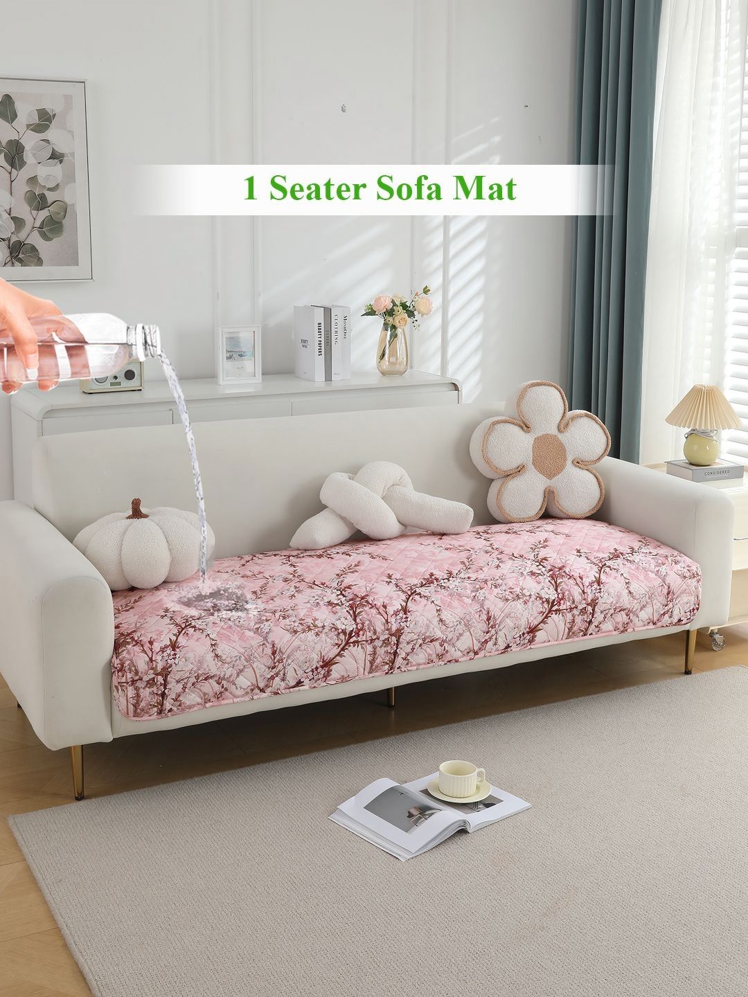 HOKIPO Pink & White Printed Waterproof Sofa Cover With Arms-image-39