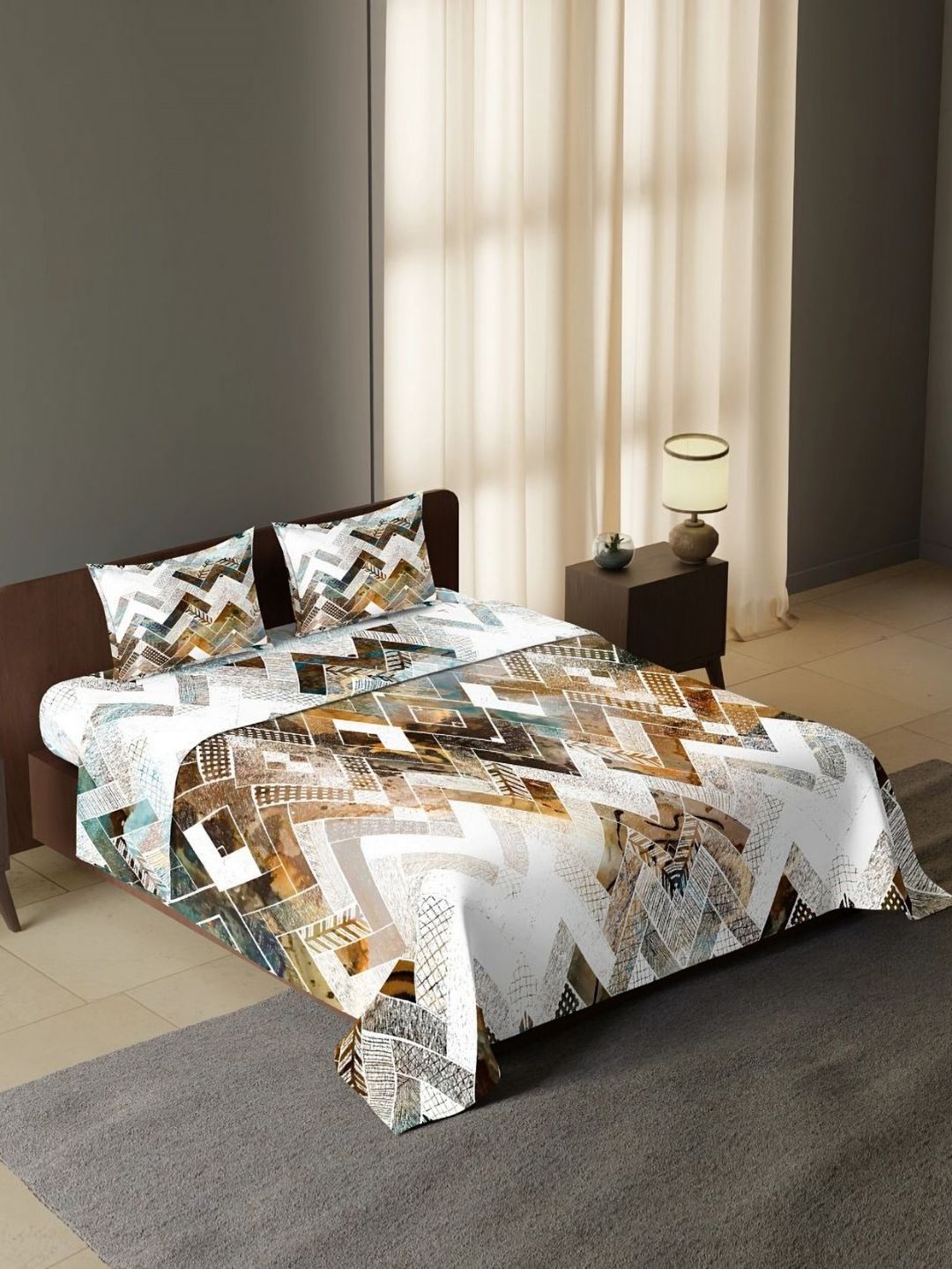 Synergized Cotton Gleam White & Brown Printed 300 TC King Bedsheet Set-2.74 m x 2.74 m-picture-40