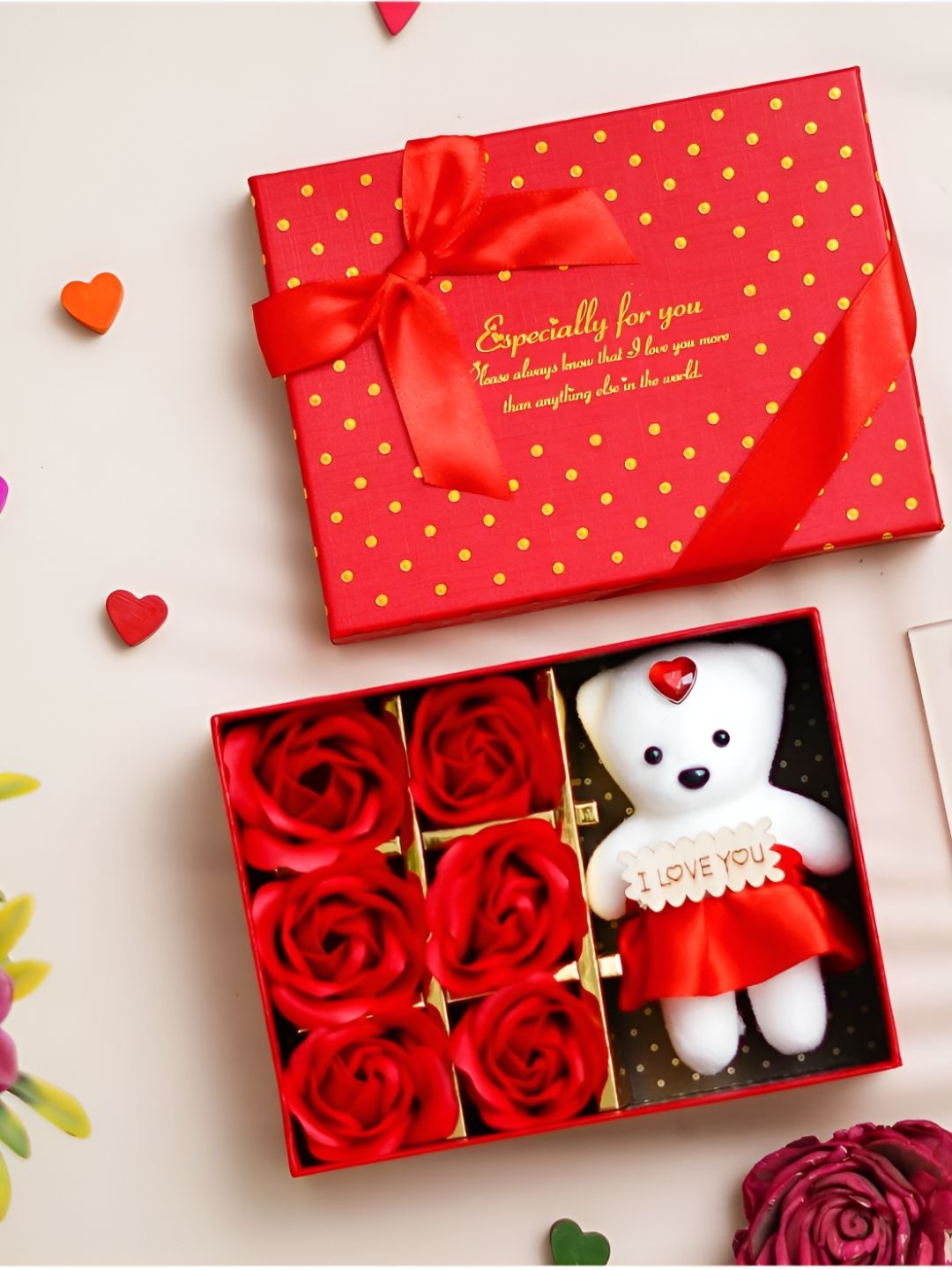 eCraftIndia Red & White Rectangle Shaped Valentine Gift Box With Teddy & Flowers-image-41