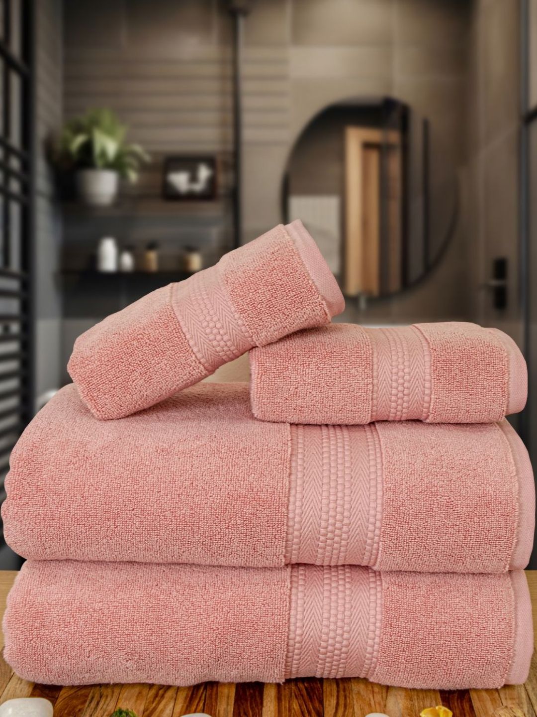 Myntra Elegant Homes Peach-Coloured 4 Piece Cotton 600 GSM Towel Set-picture-13