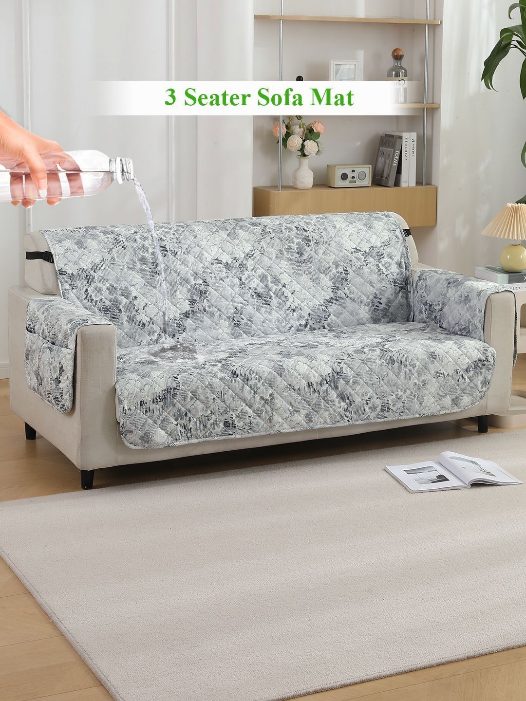 HOKIPO Grey & White Printed Waterproof 3 Seater Sofa Mat with Pockets-picture-8
