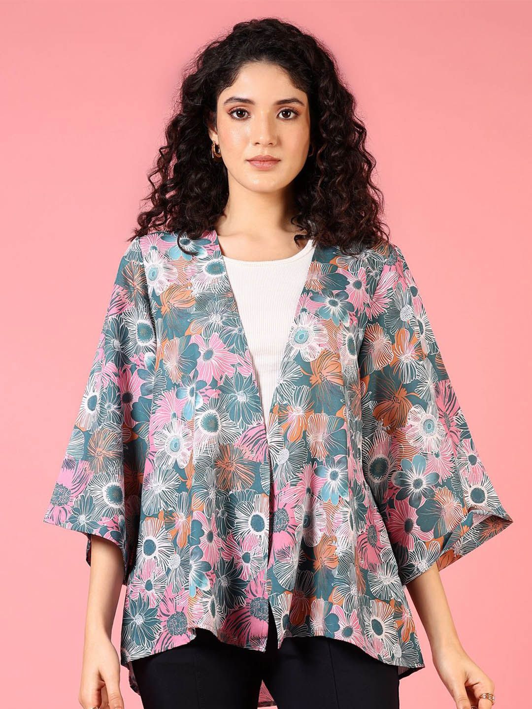 V-Mart Floral Printed Three-Quarter Sleeves Open Front Shrug-picture-58