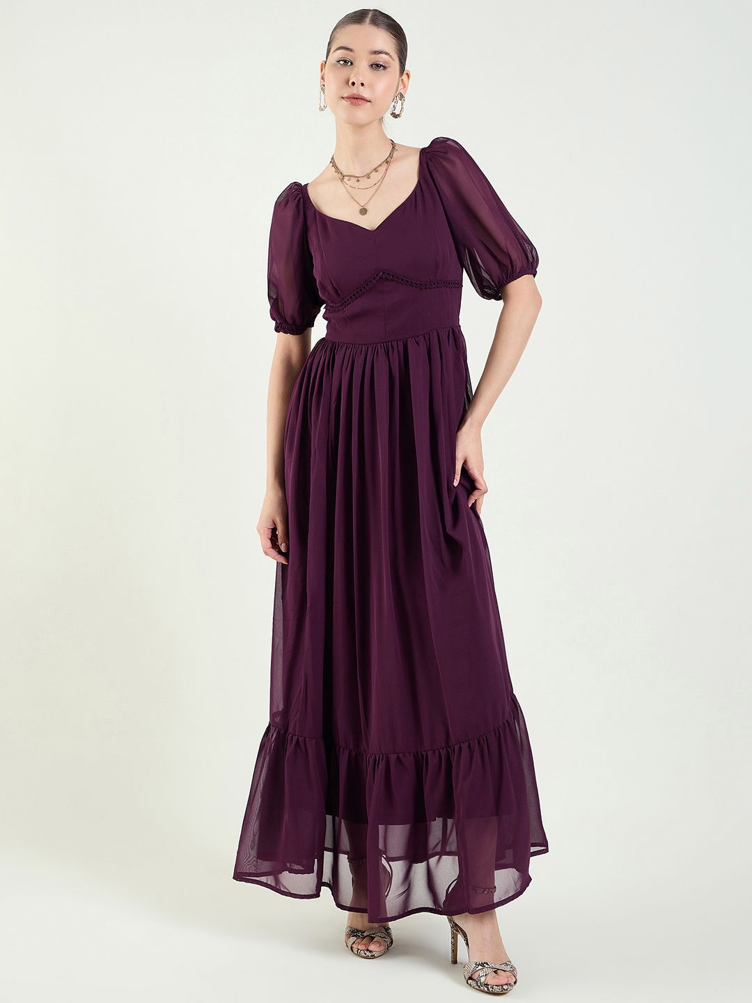 aayu Puff Sleeve Georgette Fit & Flare Maxi Dress