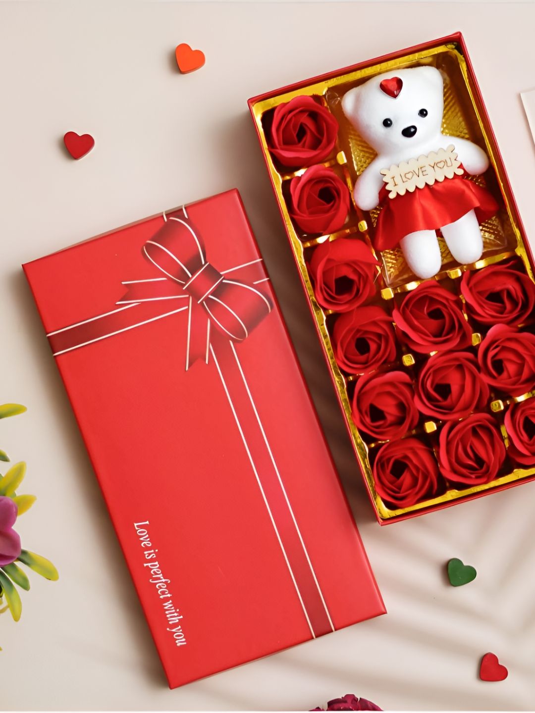 eCraftIndia Red & White Roses & I Love You Cute Teddy Bear Valentine Day Gift Box-image-23