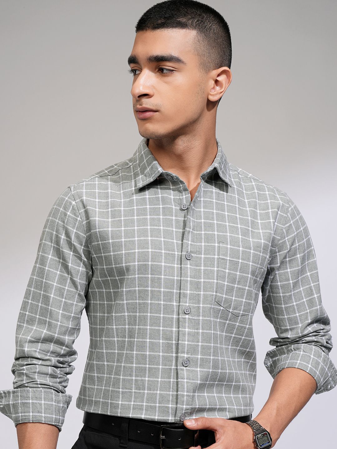 KETCH Men Slim Fit Cutaway Collar Grid Tattersall Checked Cotton Formal Shirt-picture-16