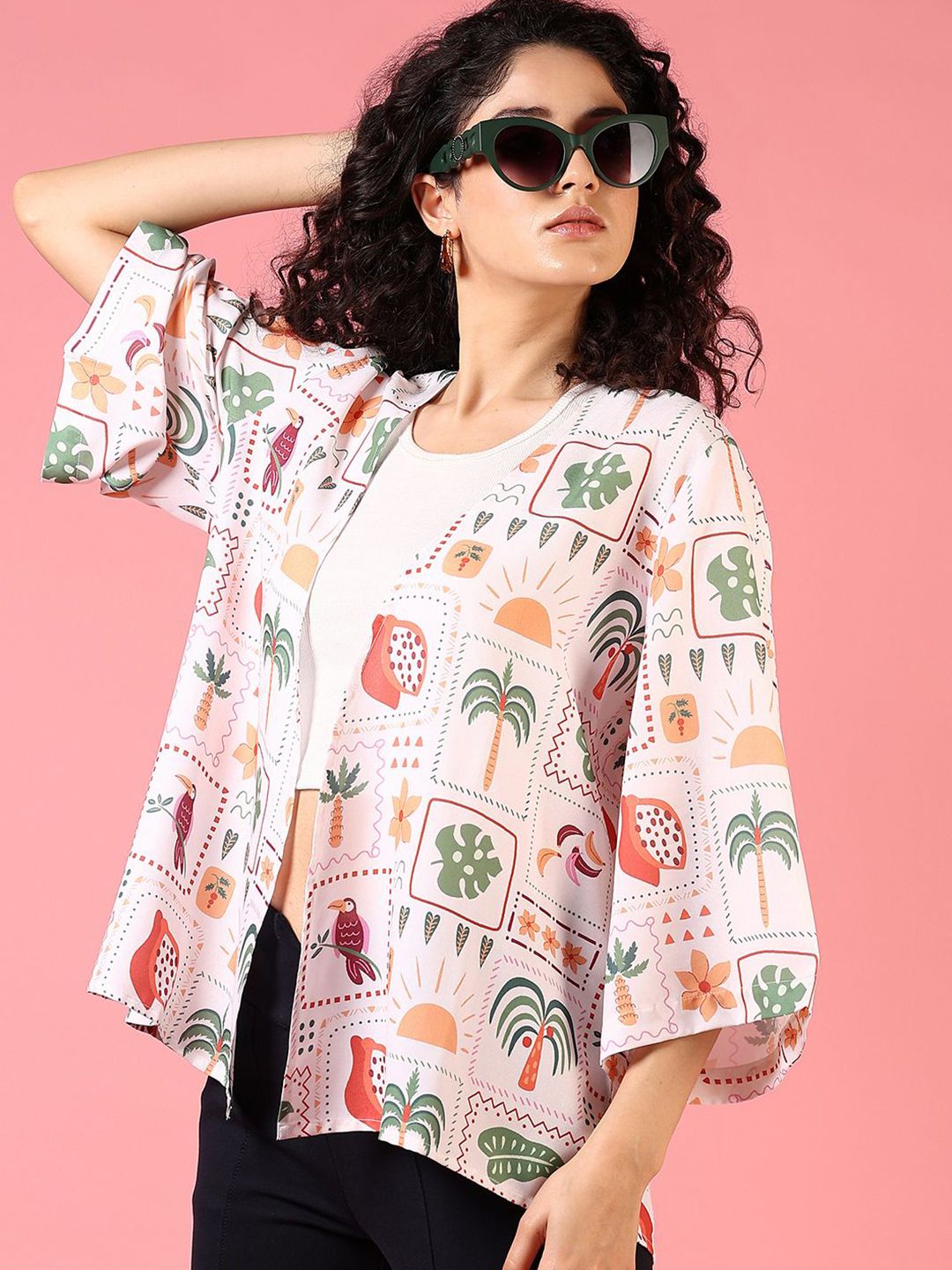 V-Mart Floral Printed Three-Quarter Sleeves Open Front Shrug-picture-42