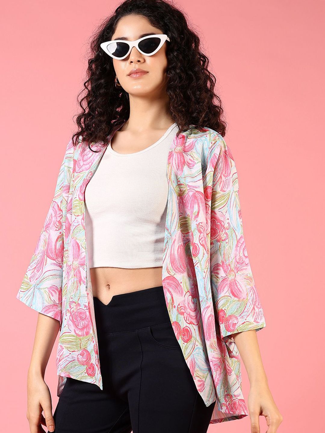 V-Mart Floral Printed Three-Quarter Sleeves Open Front Shrug-picture-22