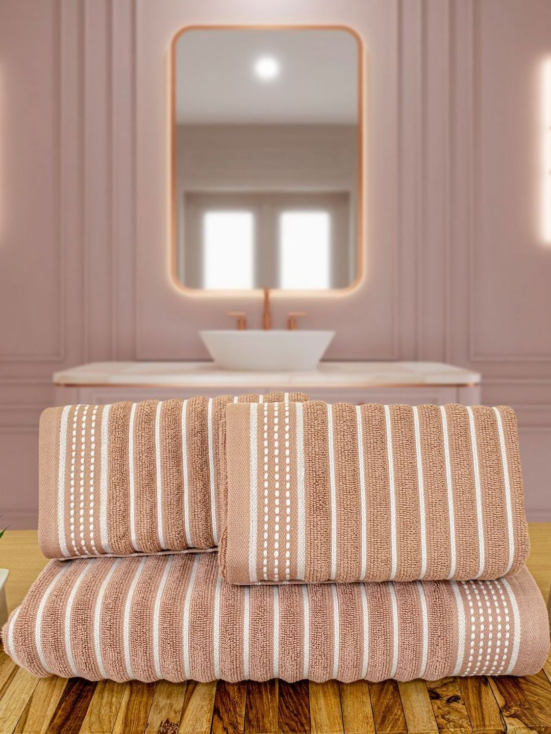 Myntra Elegant Homes Peach-Coloured & White 3 Piece Striped Cotton Towel Set-image-3