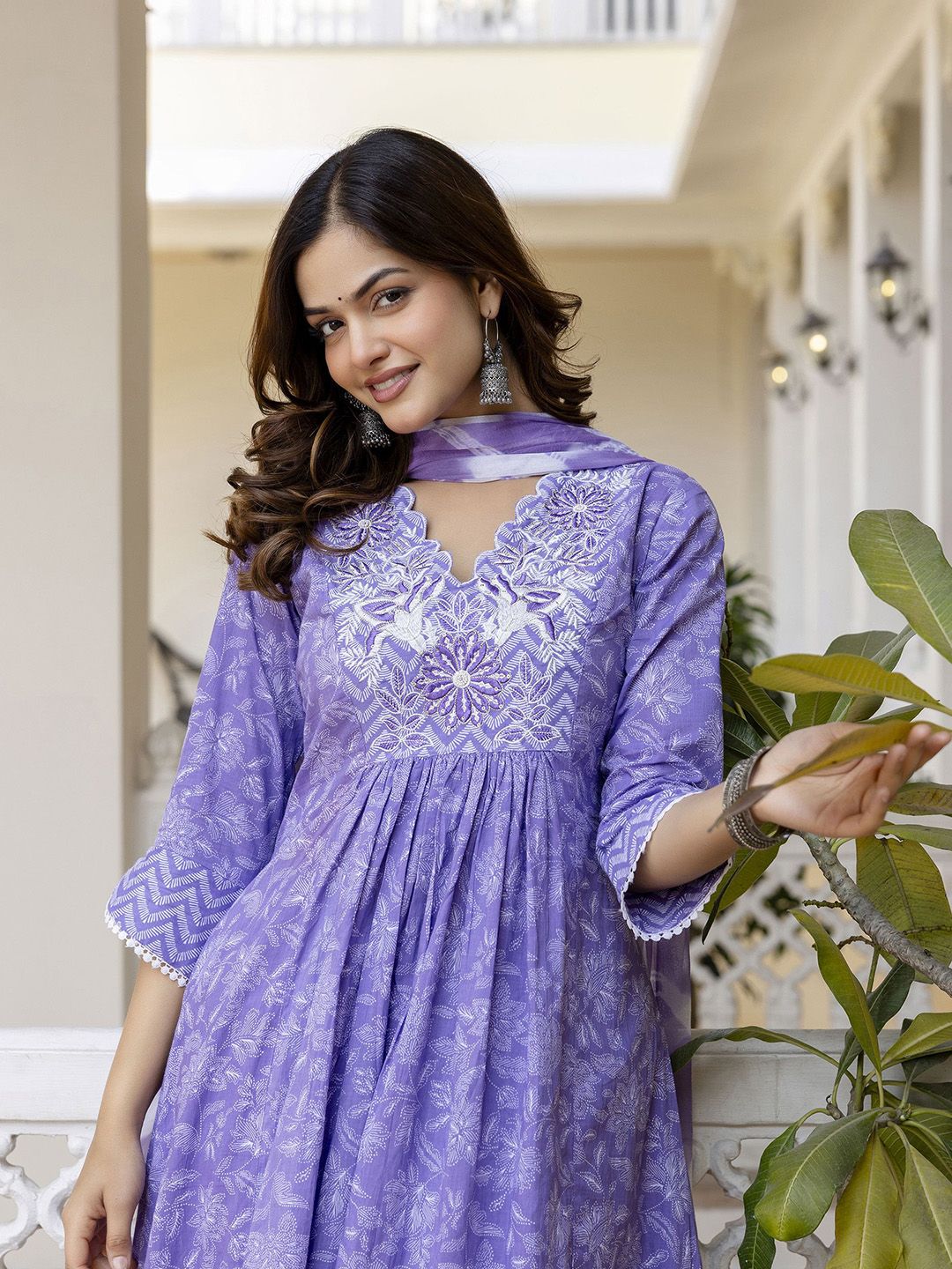Anouk Floral Embroidered Sequinned Empire A-Line Pure Cotton Kurta With Trousers & Dupatta