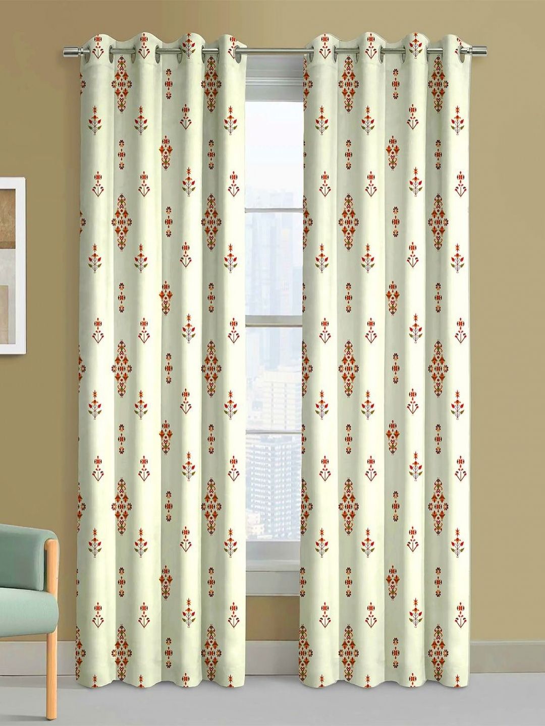 Steve & Anderson Indian Motifs Off White And Red 2 Pieces Black Out Door Curtain (7 Feet)-image-34
