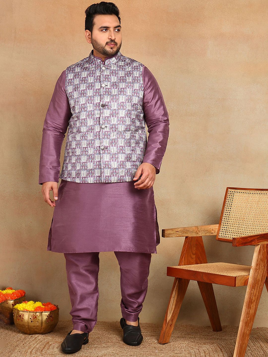 Sztori Printed Brocade Mandarin Collar Neck Nehru Jacket-image-3