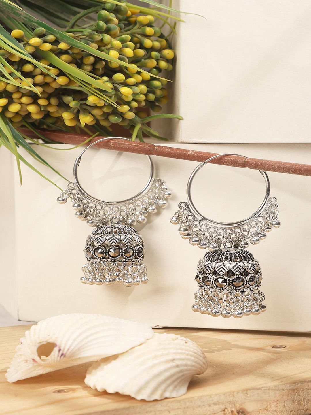 Sangria German Silver-Plated Artificial Stones Studded Dome Shaped Jhumkas-image-19